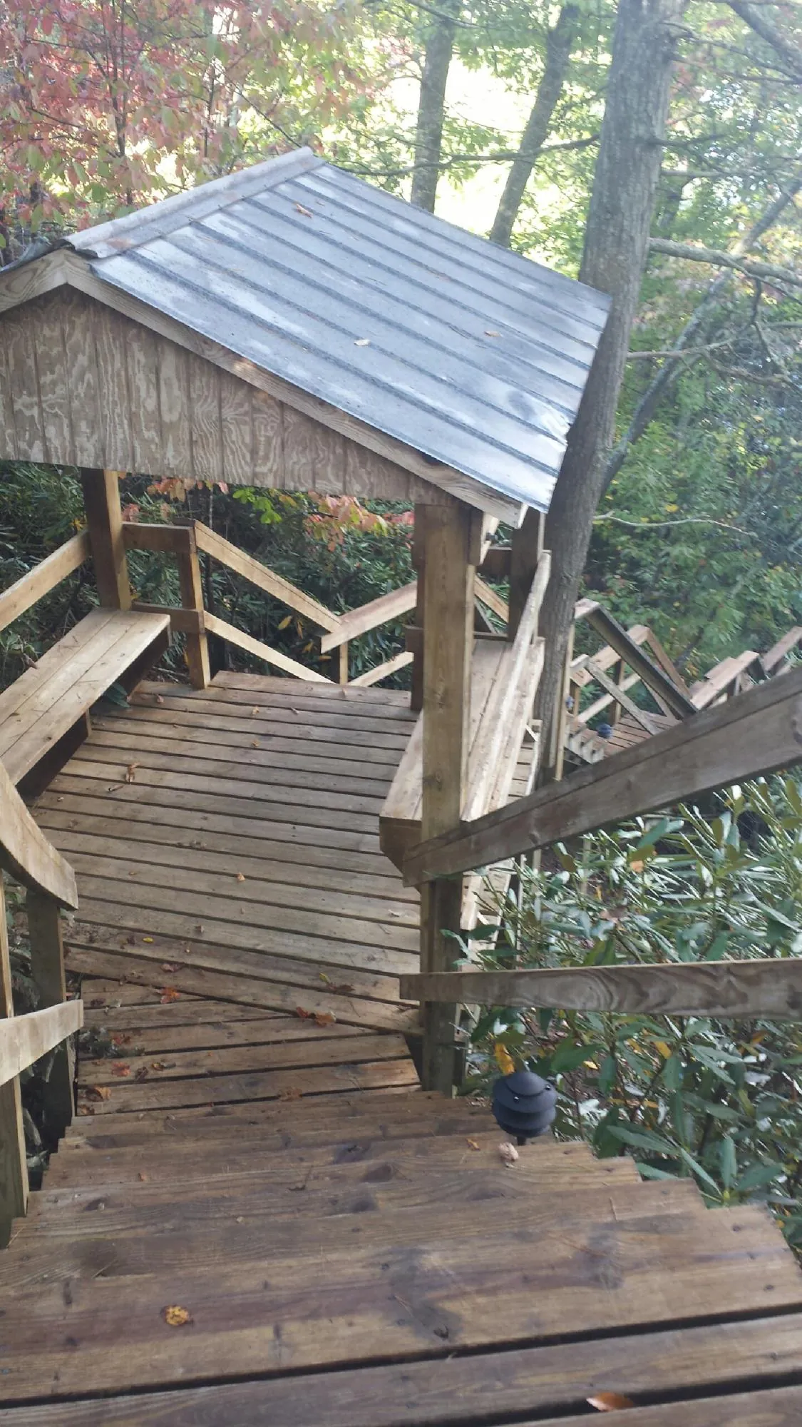 Metal roofed shelter over wooden steps on a wooded walkway — Skylight Repair & Installation work by our crew in Schoenchen